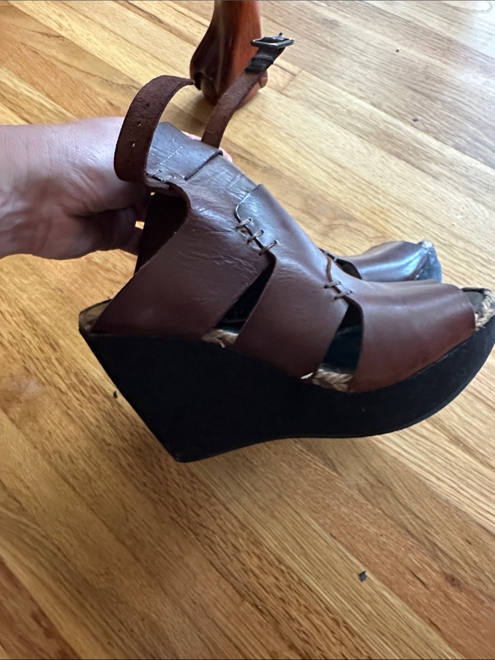 Free People Brown Leather Wedge Sandals with Ankle Strap